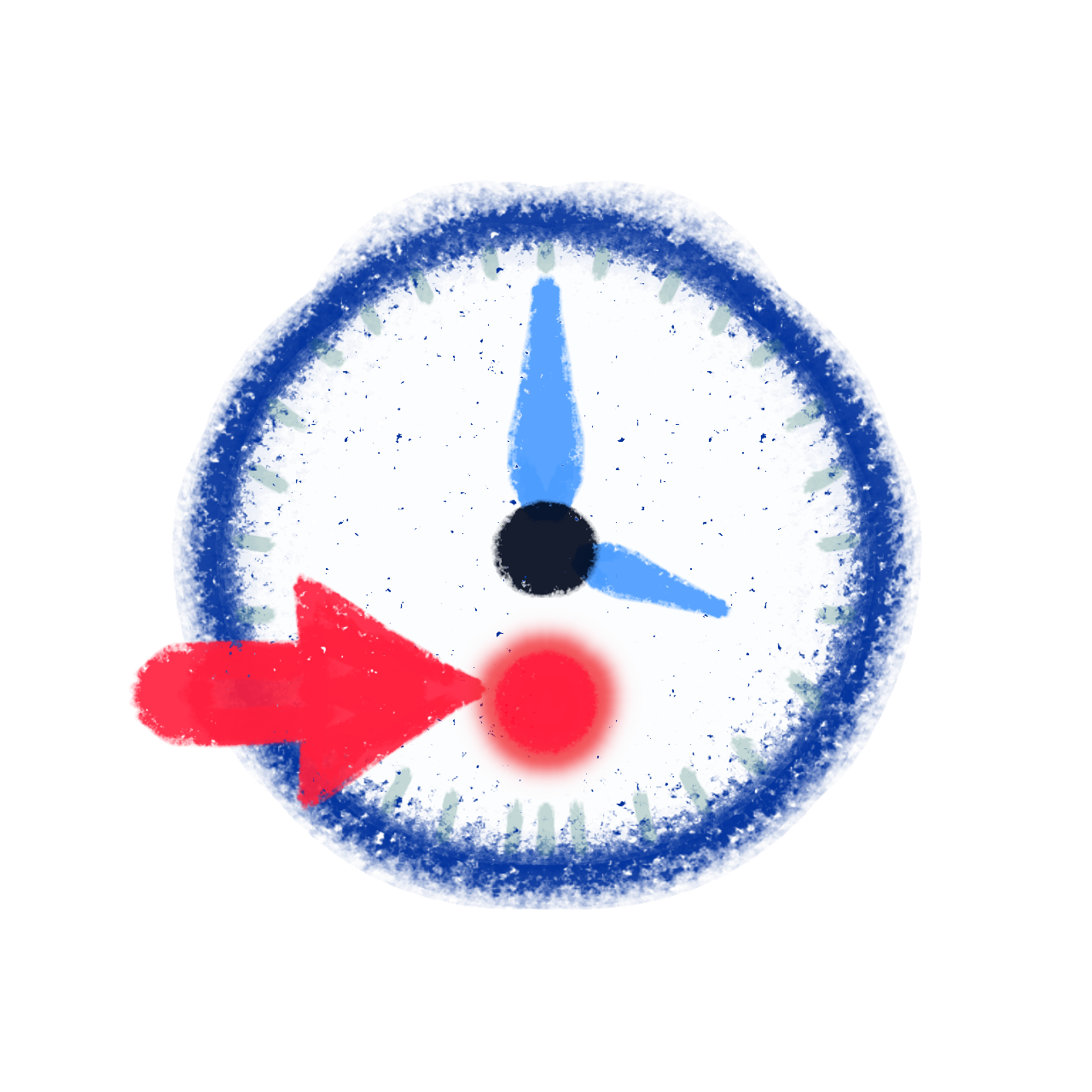  a white clock face with a red dot at the bottom, and a red arrow on the left pointing right very close to the dot, with blue hands.
